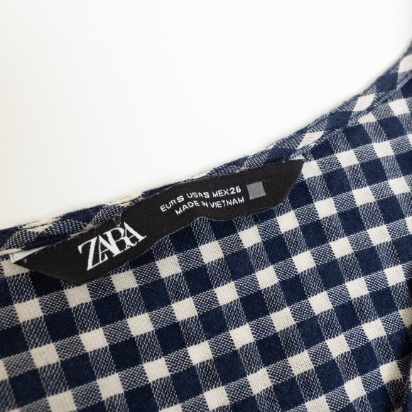 Zara Gingham Check Mini Dress Navy White Smocked Waist 100% Cotton - Picture 5 of 12